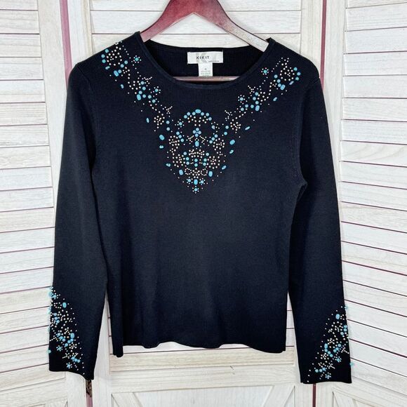 Kikit Turquoise Beaded Studs Sweater Black Medium Western - Picture 7 of 11